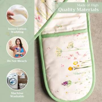 Maison d' Hermine Double Cooking Gloves 100% Cotton Double Oven Mitt 7"x35" with Hanging Loop, Heat Resistant, BBQ, Cooking, Baking, Grilling, Botanical Fresh - Spring/Summer