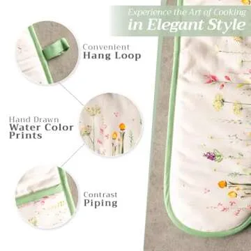 Maison d' Hermine Double Cooking Gloves 100% Cotton Double Oven Mitt 7"x35" with Hanging Loop, Heat Resistant, BBQ, Cooking, Baking, Grilling, Botanical Fresh - Spring/Summer