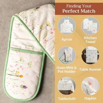 Maison d' Hermine Double Cooking Gloves 100% Cotton Double Oven Mitt 7"x35" with Hanging Loop, Heat Resistant, BBQ, Cooking, Baking, Grilling, Botanical Fresh - Spring/Summer