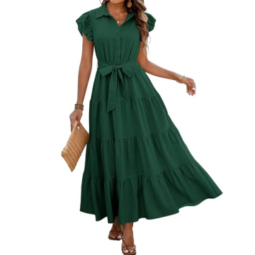 Dowerme Women’s Spring Dress - Elegant Cap Sleeve V Neck Tiered Design