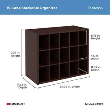 ClosetMaid 15 Cube Stackable Storage Organizer for Shoes, Bags, Crafts, Hobbies with Wood Shelves, for Closet, Entryway or Mudroom, Espresso