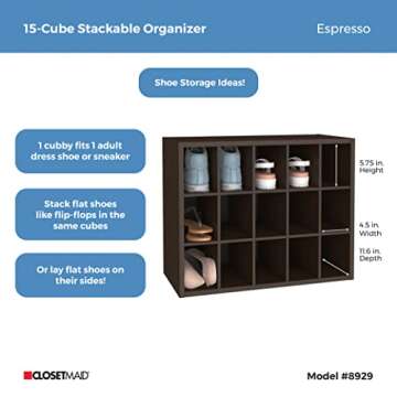 ClosetMaid 15 Cube Stackable Storage Organizer for Shoes, Bags, Crafts, Hobbies with Wood Shelves, for Closet, Entryway or Mudroom, Espresso