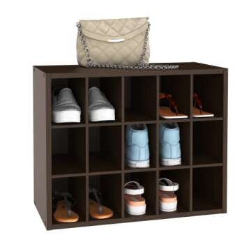 ClosetMaid 15 Cube Stackable Storage Organizer for Shoes, Bags, Crafts, Hobbies with Wood Shelves, for Closet, Entryway or Mudroom, Espresso