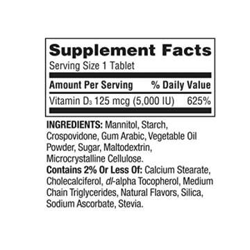 Spring Valley Extra Strength Vitamin D3 Fast Dissolve Tablets Dietary Supplement, 125 mcg (5,000 IU)...