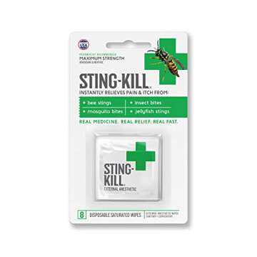 Sting-Kill First Aid Anesthetic Wipes, Instant Pain + Itch Relief from Bee Stings and Bug Bites, 8-C...