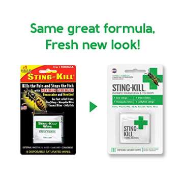 Sting-Kill First Aid Anesthetic Wipes, Instant Pain + Itch Relief from Bee Stings and Bug Bites, 8-Count (Pack of 2)