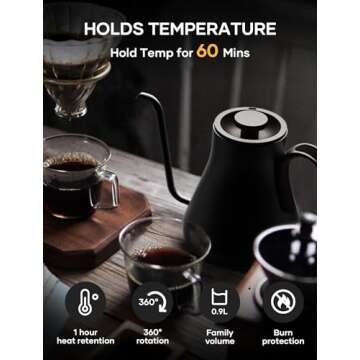 Cocinare Electric Gooseneck Kettle with Temperature Control, Pour Over Coffee & Tea, 1200W for 180-s...