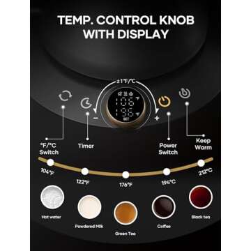 Cocinare Electric Gooseneck Kettle with Temperature Control, Pour Over Coffee & Tea, 1200W for 180-sec Quick Boil Time, Stainless Steel Kettle Water Boiler, 30oz/0.9L (Black)