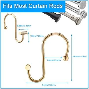 Actpe Decorative Shower Curtain Hooks Rust Proof for Bathroom, Metal, 12pcs Premium Rust Resistant Hooks Glide Shower Ring Hang Holder T Shape Hooks for Living Room (Gold)
