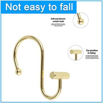 Actpe Decorative Shower Curtain Hooks Rust Proof for Bathroom, Metal, 12pcs Premium Rust Resistant Hooks Glide Shower Ring Hang Holder T Shape Hooks for Living Room (Gold)