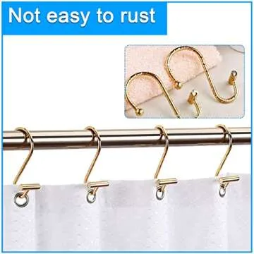 Actpe Decorative Shower Curtain Hooks Rust Proof for Bathroom, Metal, 12pcs Premium Rust Resistant Hooks Glide Shower Ring Hang Holder T Shape Hooks for Living Room (Gold)