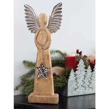 AuldHome Wooden Angel Christmas Statue for Holiday Decor
