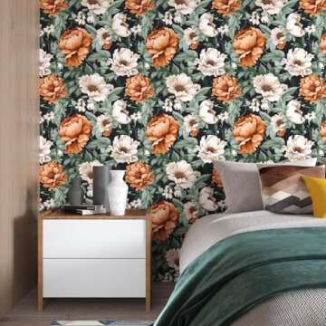 Floral Wallpaper Peel and Stick, Vintage Large Blooming Flowers Contact Paper 17.5" x 393.7", Retro Wall Paper Self Adhesive Removable Waterproof for Room Walls Shelves Cabinet Table (Orange, Green)