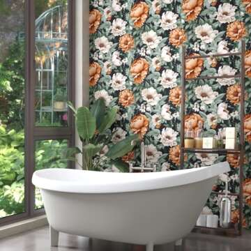 Floral Wallpaper Peel and Stick, Vintage Large Blooming Flowers Contact Paper 17.5" x 393.7", Retro Wall Paper Self Adhesive Removable Waterproof for Room Walls Shelves Cabinet Table (Orange, Green)