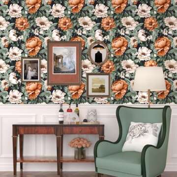 Floral Wallpaper Peel and Stick, Vintage Large Blooming Flowers Contact Paper 17.5" x 393.7", Retro Wall Paper Self Adhesive Removable Waterproof for Room Walls Shelves Cabinet Table (Orange, Green)