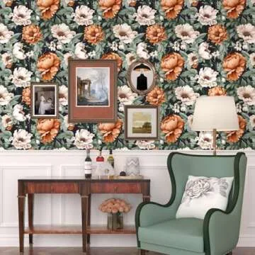 Floral Wallpaper Peel and Stick, Vintage Large Blooming Flowers Contact Paper 17.5" x 393.7", Retro Wall Paper Self Adhesive Removable Waterproof for Room Walls Shelves Cabinet Table (Orange, Green)