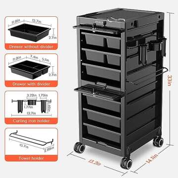 TASALON Lockable Salon Trolley Cart - Beauty Salon Cart with 6 Drawers and Tool Holders, Salon Stations for Hair Stylist, Rolling Cart with Wheels, Lock and Door, Black Tool Cart for Barber Station