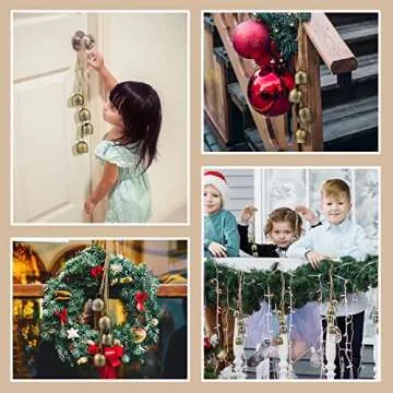 Hotop 2 Sets Christmas Cow Bells with Rope Rustic Hanging Iron Wrought Bells Chimes 4 Relaxing Tranquil Wind Chimes Gold Vintage Metal Outdoor Harmony for Christmas Decoration, 14 Inch Length