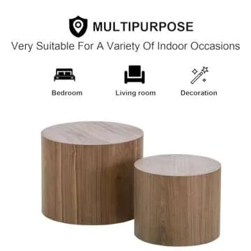 Nesting Coffee Table Set of 2, Modern Round Coffee Table with Non-Slip Feet, Walnut Wooden Circle Accent Tables for Small Spaces Living Room Bedroom Balcony Office Drum Side Table (Walnut)