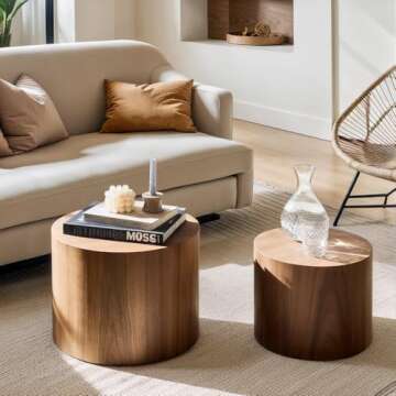 Nesting Coffee Table Set of 2, Modern Round Coffee Table with Non-Slip Feet, Walnut Wooden Circle Accent Tables for Small Spaces Living Room Bedroom Balcony Office Drum Side Table (Walnut)