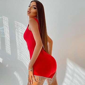 GEMEIQ Sparkly Sequins Tassel Sleeveless Bodycon Mini Dress Sexy Night Party Club Tank Dresses Red L