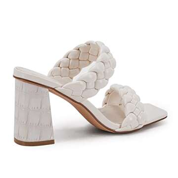 Syktkmx Womens Braided Heels Sandals Chunky Block Heel Double Strap Summer Dressy Sandal, White, Size 7.5