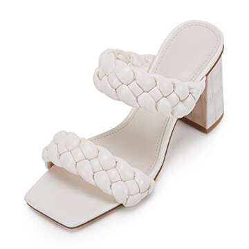 Syktkmx Womens Braided Heels Sandals Chunky Block Heel Double Strap Summer Dressy Sandal, White, Size 7.5