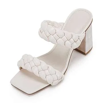Syktkmx Womens Braided Heels Sandals Chunky Block Heel Double Strap Summer Dressy Sandal, White, Size 7.5