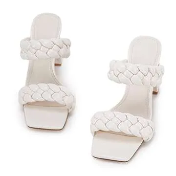 Syktkmx Womens Braided Heels Sandals Chunky Block Heel Double Strap Summer Dressy Sandal, White, Size 7.5