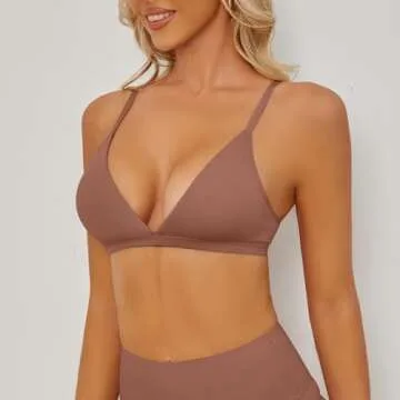 INIBUD Bralette for Women Triangle Cups Adjustable Straps Wireless Bra Deep V Neck Removable Padded Seamless(Black&Clay&Purple,L)