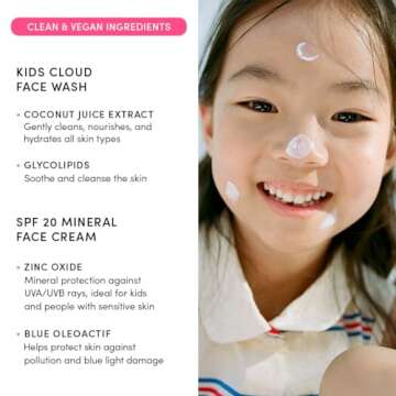 Kids Happy Morning DUO: Clean & Vegan Skin Care for Kids Bundle | Kids Skin Care Cloud Face Wash + SPF 20 Mineral Face Cream | Non-Toxic | Non-Comedogenic | Fun | Easy-to-Use Skincare for Kids