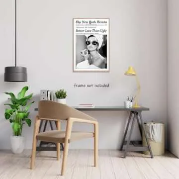 New York Trends Wall Art Black and White Newspaper Better Late Than Ugly Poster Canvas Prints Funky Feminist Posters Trendy College Wall Decor for Bar Cart Girl Dorm Room Bathroom Decorative 12x16inch Unframed