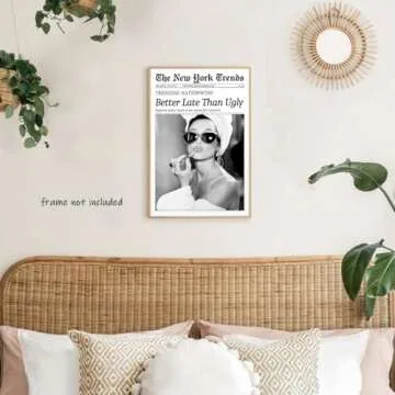 New York Trends Wall Art Black and White Newspaper Better Late Than Ugly Poster Canvas Prints Funky Feminist Posters Trendy College Wall Decor for Bar Cart Girl Dorm Room Bathroom Decorative 12x16inch Unframed