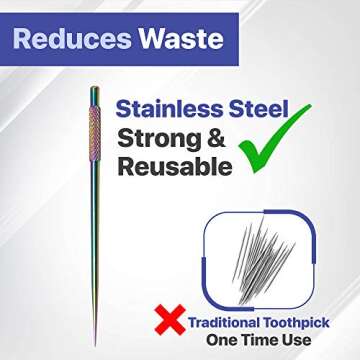 3 Pack Colorful Metal Toothpicks - Stainless Steel Reusable Toothpicks with Knurled Grip - Sleek and Sturdy Metal Teeth Picks - Versatile Fruit Picker Tooth Picks for Cocktail Parties