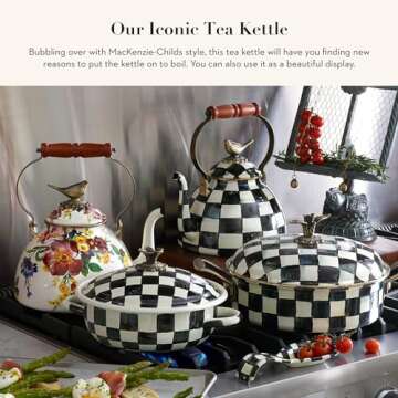 MACKENZIE-CHILDS Enamel Tea Kettle - Cute Kitchen Kettle for Stovetop, Floral Design with Bird Toppe...
