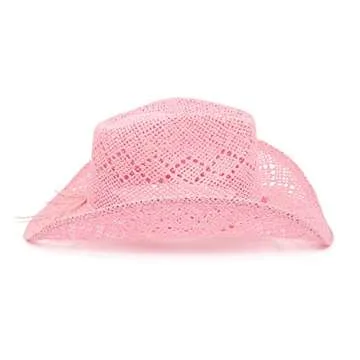 TOVOSO Straw Cowboy Hat for Women with Beaded Trim and Shapeable Brim, T52 Light Pink