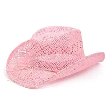 TOVOSO Straw Cowboy Hat for Women with Beaded Trim and Shapeable Brim, T52 Light Pink