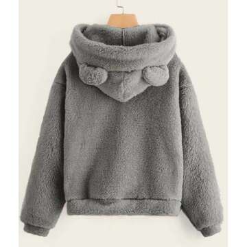 CORIRESHA Cute Teddy Bear Ears Hoodie Long Sleeve Soft Warm Fleece Homewear Dark Grey