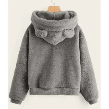 CORIRESHA Cute Teddy Bear Ears Hoodie Long Sleeve Soft Warm Fleece Homewear Dark Grey