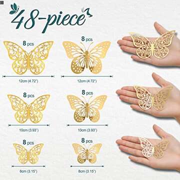 48 Pcs 3D Butterfly Wall Decor Stickers - Gold Metallic Decoration for Parties and Events