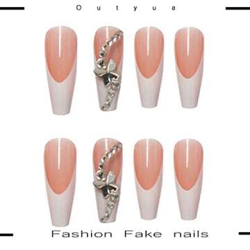 Outyua French Designer Press on Nails Coffin Glossy Butterfly Rhinstone Extra Long False Nails with Design Acrylic Full Cover Artificial Nails for Women and Girls 24pcs