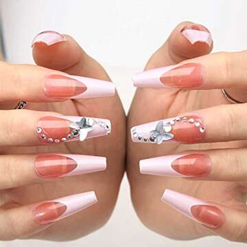 Outyua French Designer Press on Nails Coffin Glossy Butterfly Rhinstone Extra Long False Nails with Design Acrylic Full Cover Artificial Nails for Women and Girls 24pcs