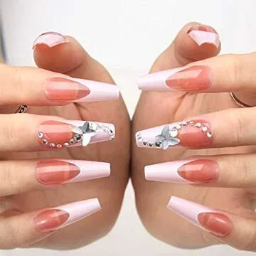 Outyua French Designer Press on Nails Coffin Glossy Butterfly Rhinstone Extra Long False Nails with Design Acrylic Full Cover Artificial Nails for Women and Girls 24pcs