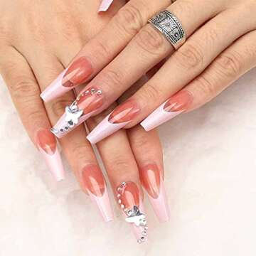 Outyua French Designer Press on Nails Coffin Glossy Butterfly Rhinstone Extra Long False Nails with Design Acrylic Full Cover Artificial Nails for Women and Girls 24pcs