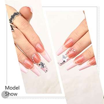 Outyua French Designer Press on Nails Coffin Glossy Butterfly Rhinstone Extra Long False Nails with Design Acrylic Full Cover Artificial Nails for Women and Girls 24pcs