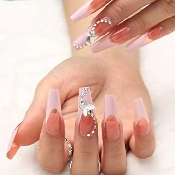 Outyua French Designer Press on Nails Coffin Glossy Butterfly Rhinstone Extra Long False Nails with Design Acrylic Full Cover Artificial Nails for Women and Girls 24pcs