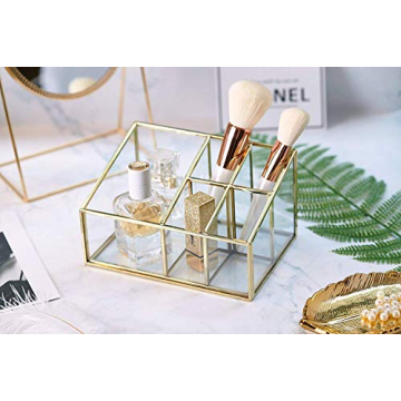 PuTwo Makeup Organizer Vintage 5 Compartments Glass & Metal Cosmetic Organizer Brass Makeup Storage ...