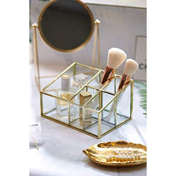 PuTwo Makeup Organizer Vintage 5 Compartments Glass & Metal Cosmetic Organizer Brass Makeup Storage for Makeup Brushes Perfume Lipsticks Nail Polish Makeup Holder for Dresser Vanity Countertop - Gold