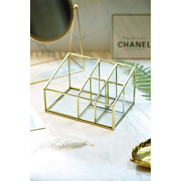 PuTwo Makeup Organizer Vintage 5 Compartments Glass & Metal Cosmetic Organizer Brass Makeup Storage for Makeup Brushes Perfume Lipsticks Nail Polish Makeup Holder for Dresser Vanity Countertop - Gold