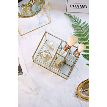 PuTwo Makeup Organizer Vintage 5 Compartments Glass & Metal Cosmetic Organizer Brass Makeup Storage for Makeup Brushes Perfume Lipsticks Nail Polish Makeup Holder for Dresser Vanity Countertop - Gold